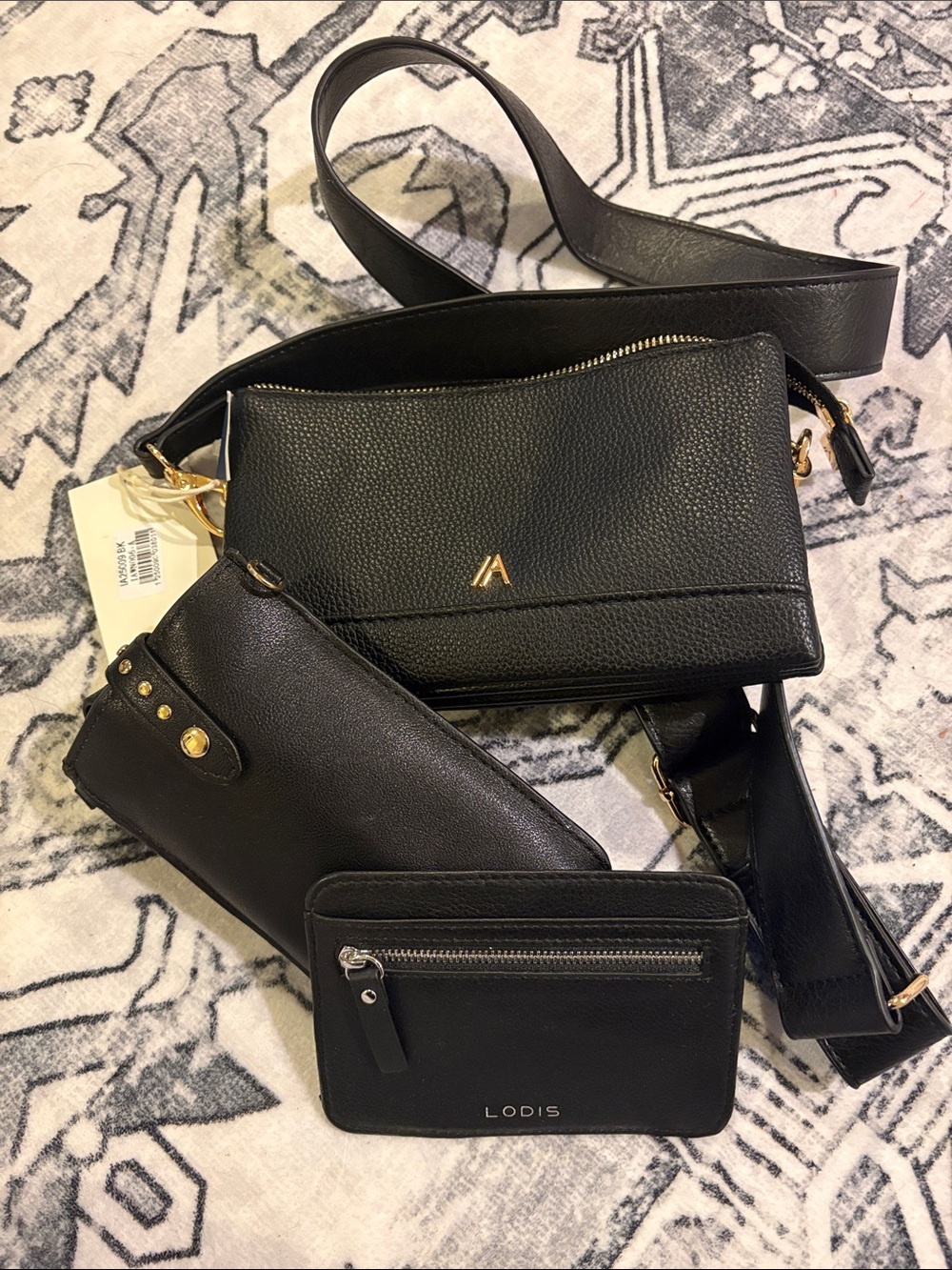 Lodis Black Leather Crossbody Bag with Card Wallet and Pouch Set